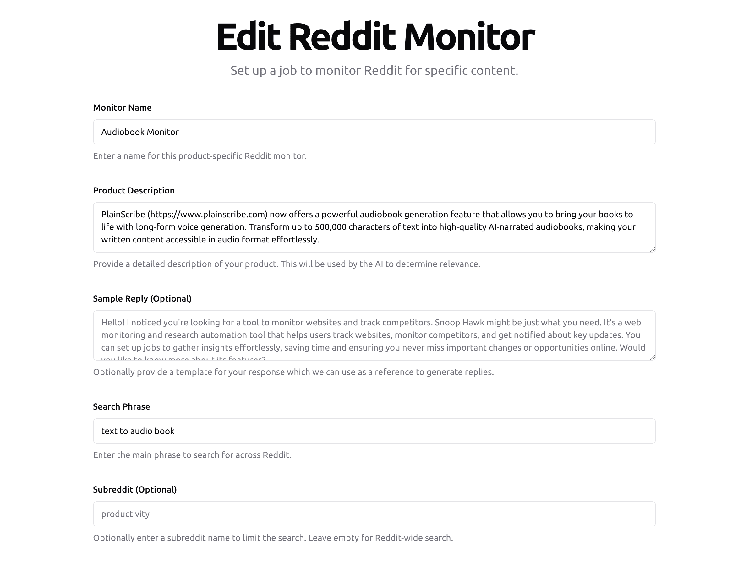 Screenshot of Reddit Monitoring Setup feature